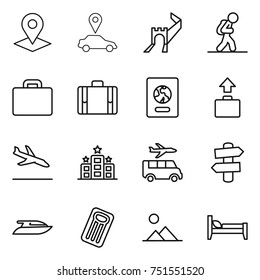 thin line icon set : pointer, car, greate wall, tourist, suitcase, passport, baggage, arrival, hotel, transfer, signpost, yacht, inflatable mattress, landscape, bed