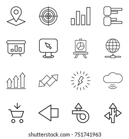 thin line icon set : pointer, target, graph, diagram, presentation, monitor arrow, globe connect, up, down, lightning, cloud wireless, add to cart, left, trip, route