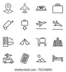 thin line icon set : pointer, plane, taxi, suitcase, baggage get, departure, arrival, hotel, tent, trolley, transfer, inflatable mattress, landscape, bed