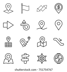 thin line icon set : pointer, flag, up down arrow, dollar pin, right, trip, geo, map, route, escalator, signpost, handwheel, compass