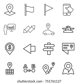thin line icon set : pointer, flag, touch, presentation, up down arrow, car, scales, dollar pin, left, singlepost, location details, map, route a to b