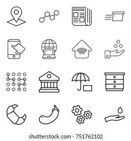thin line icon set : pointer, graph, newspaper, delivery, touch, notebook globe, wireless home, chemical industry, chip, library, insurance, chest of drawers, croissant, eggplant, gears