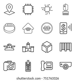 thin line icon set : pointer, chip, crystall memory, smart bracelet, wireless home, crypto currency, mobile pay, scales, castle, 3d, bar code, camera, remote control, intercome, surveillance thin line icon set : pointer, chip, crystall memory, smart bracelet, wireless home, crypto currency, mobile pay, scales, castle, 3d, bar code, camera, remote control, intercome, surveillance