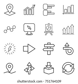 thin line icon set : pointer, diagram, graph, monitor arrow, presentation, up, lightning, right, singlepost, trip, geo pin, route, package, reload