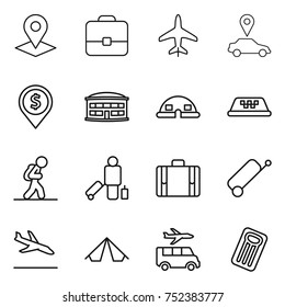 thin line icon set : pointer, portfolio, plane, car, dollar pin, airport building, dome house, taxi, tourist, passenger, suitcase, arrival, tent, transfer, inflatable mattress