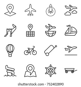 thin line icon set : pointer, plane, rocket, journey, greate wall, map, shipping, sail boat, air ballon, bike, suitcase, departure, aquapark, handwheel, trailer