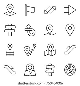 thin line icon set : pointer, flag, up down arrow, right, singlepost, trip, geo pin, map, route, escalator, signpost, compass