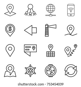 thin line icon set : pointer, share, globe connect, phone wireless, dollar pin, left arrow, lighthouse, geo, location details, map, route, handwheel, compass, reload