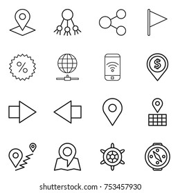 thin line icon set : pointer, share, flag, percent, globe connect, phone wireless, dollar pin, right arrow, left, geo, map, route, handwheel, compass