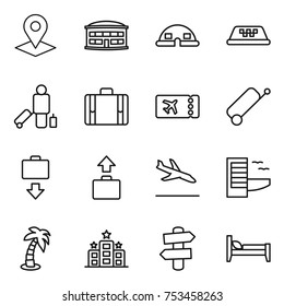 thin line icon set : pointer, airport building, dome house, taxi, passenger, suitcase, ticket, baggage get, arrival, hotel, palm, signpost, bed