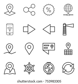 thin line icon set : pointer, share, percent, globe connect, phone wireless, right arrow, left, lighthouse, geo pin, location details, map, handwheel, compass, reload