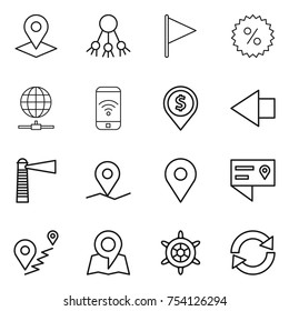 thin line icon set : pointer, share, flag, percent, globe connect, phone wireless, dollar pin, left arrow, lighthouse, geo, location details, route, map, handwheel, reload