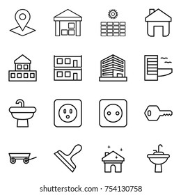 thin line icon set : pointer, warehouse, sun power, home, cottage, modular house, office, hotel, sink, socket, key, trailer, scraper, cleaning, water tap