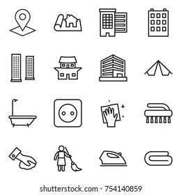 thin line icon set : pointer, project, houses, building, skyscrapers, japanese house, office, tent, bath, power socket, wiping, brush, brooming, iron, towel
