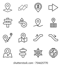 thin line icon set : pointer, up down arrow, dollar pin, right, singlepost, trip, geo, map, route, escalator, signpost, handwheel, compass