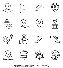 thin line icon set : pointer, flag, up down arrow, dollar pin, trip, geo, map, route, escalator, signpost, handwheel, compass
