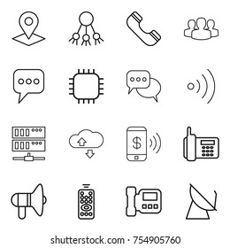 thin line icon set : pointer, share, phone, group, message, chip, discussion, wireless, server, cloude service, pay, loudspeaker, remote control, intercome, satellite antenna