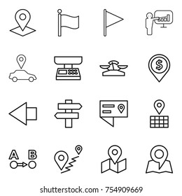 thin line icon set : pointer, flag, presentation, car, market scales, dollar pin, left arrow, singlepost, location details, map, route a to b