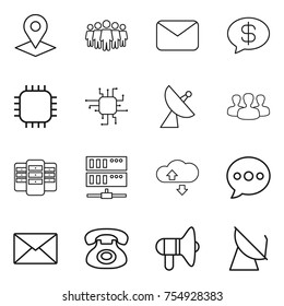 thin line icon set : pointer, team, mail, money message, chip, satellite antenna, group, server, cloude service, balloon, phone, loudspeaker