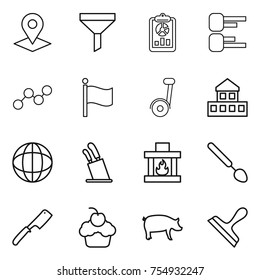 thin line icon set : pointer, funnel, report, diagram, graph, flag, cottage, globe, stands for knives, fireplace, big spoon, chef knife, cupcake, pig, scraper