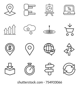 thin line icon set : pointer, diagram, presentation, notebook, graph up, cloude service, target, add to cart, dollar pin, geo, delivery, route, package, stopwatch, signpost, reload