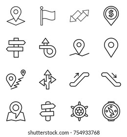 thin line icon set : pointer, flag, up down arrow, dollar pin, singlepost, trip, geo, route, escalator, map, signpost, handwheel, compass