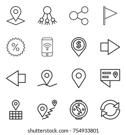thin line icon set : pointer, share, flag, percent, phone wireless, dollar pin, right arrow, left, geo, location details, map, route, compass, reload