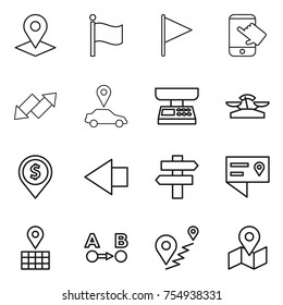 thin line icon set : pointer, flag, touch, up down arrow, car, market scales, dollar pin, left, singlepost, location details, map, route a to b