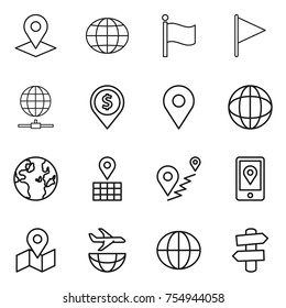 thin line icon set : pointer, globe, flag, connect, dollar pin, geo, map, route, mobile location, plane shipping, signpost