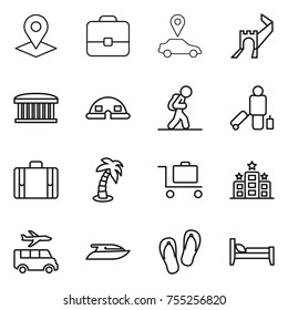 thin line icon set : pointer, portfolio, car, greate wall, airport building, dome house, tourist, passenger, suitcase, palm, baggage trolley, hotel, transfer, yacht, flip flops, bed
