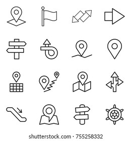 thin line icon set : pointer, flag, up down arrow, right, singlepost, trip, geo pin, map, route, escalator, signpost, handwheel