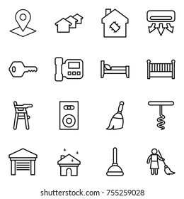 thin line icon set : pointer, houses, smart house, air conditioning, key, intercome, bed, crib, Chair for babies, speaker, broom, corkscrew, garage, cleaning, plunger, brooming