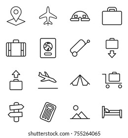 thin line icon set : pointer, plane, dome house, suitcase, passport, baggage get, arrival, tent, trolley, signpost, inflatable mattress, landscape, bed