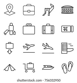 Thin line icon set : pointer, portfolio, greate wall, airport building, passenger, suitcase, ticket, baggage get, departure, arrival, hotel, tent, trolley, yacht, flip flops Thin line icon set : pointer, portfolio, greate wall, airport building, passenger, suitcase, ticket, baggage get, departure, arrival, hotel, tent, trolley, yacht, flip flops