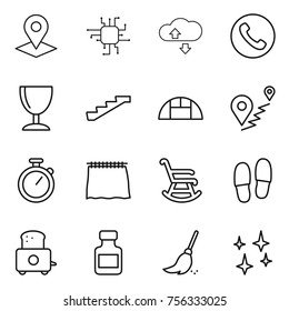 Thin line icon set : pointer, chip, cloude service, phone, wineglass, stairs, greenhouse, route, stopwatch, curtain, rocking chair, slippers, toaster, pills bottle, broom, shining
