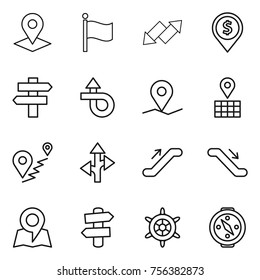 Thin line icon set : pointer, flag, up down arrow, dollar pin, singlepost, trip, geo, map, route, escalator, signpost, handwheel, compass