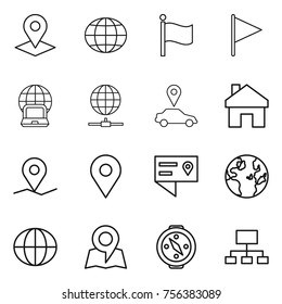 Thin line icon set : pointer, globe, flag, notebook, connect, car, home, geo pin, location details, map, compass, hierarchy