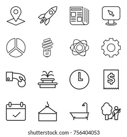 Thin line icon set : pointer, rocket, newspaper, monitor arrow, diagram, bulb, atom, gear, hand coin, fountain, clock, tax, terms, loading crane, bath, garden cleaning