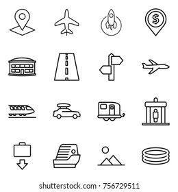 thin line icon set : pointer, plane, rocket, dollar pin, airport building, road, signpost, train, car baggage, trailer, detector, get, cruise ship, landscape, inflatable pool