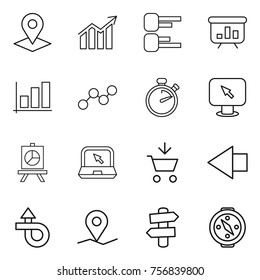 Thin line icon set : pointer, diagram, presentation, graph, stopwatch, monitor arrow, notebook, add to cart, left, trip, geo pin, signpost, compass