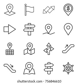 Thin line icon set : pointer, flag, up down arrow, dollar pin, right, singlepost, geo, map, route, escalator, signpost, handwheel