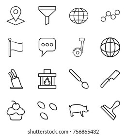 Thin line icon set : pointer, funnel, globe, graph, flag, message, segway, stands for knives, fireplace, big spoon, chef knife, cupcake, seeds, pig, scraper