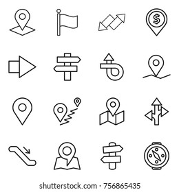 Thin line icon set : pointer, flag, up down arrow, dollar pin, right, singlepost, trip, geo, route, map, escalator, signpost, compass