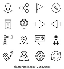 Thin line icon set : pointer, share, flag, percent, phone wireless, dollar pin, right arrow, left, lighthouse, geo, location details, map, route, compass, reload