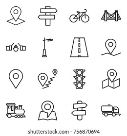 Thin line icon set : pointer, singlepost, bike, bridge, drawbridge, outdoor light, road, geo pin, route, traffic, map, train, signpost, sweeper