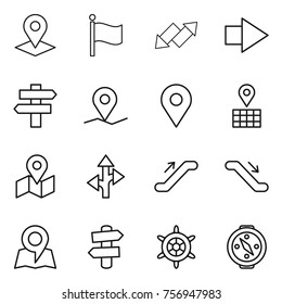 Thin line icon set : pointer, flag, up down arrow, right, singlepost, geo pin, map, route, escalator, signpost, handwheel, compass