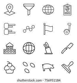 Thin line icon set : pointer, funnel, globe, report, diagram, graph, flag, cottage, stands for knives, chef knife, cupcake, seeds, pig, scraper