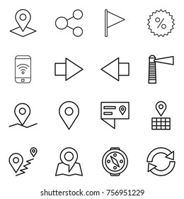 Thin line icon set : pointer, share, flag, percent, phone wireless, right arrow, left, lighthouse, geo pin, location details, map, route, compass, reload