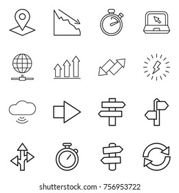 Thin line icon set : pointer, crisis, stopwatch, notebook, globe connect, graph up, down arrow, lightning, cloud wireless, right, singlepost, signpost, route, reload