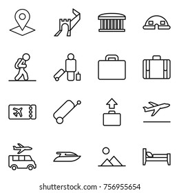Thin line icon set : pointer, greate wall, airport building, dome house, tourist, passenger, suitcase, ticket, baggage, departure, transfer, yacht, landscape, bed